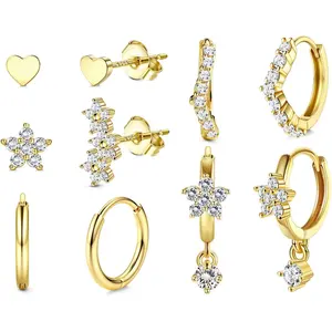 Diverse 5 Pairs Golden Shining Hoop Stud Earrings for Women Chunky Copper Huggie Earring Stacks Trendy Cartilage Hypoallergenic Earrings for Multiple Piercing