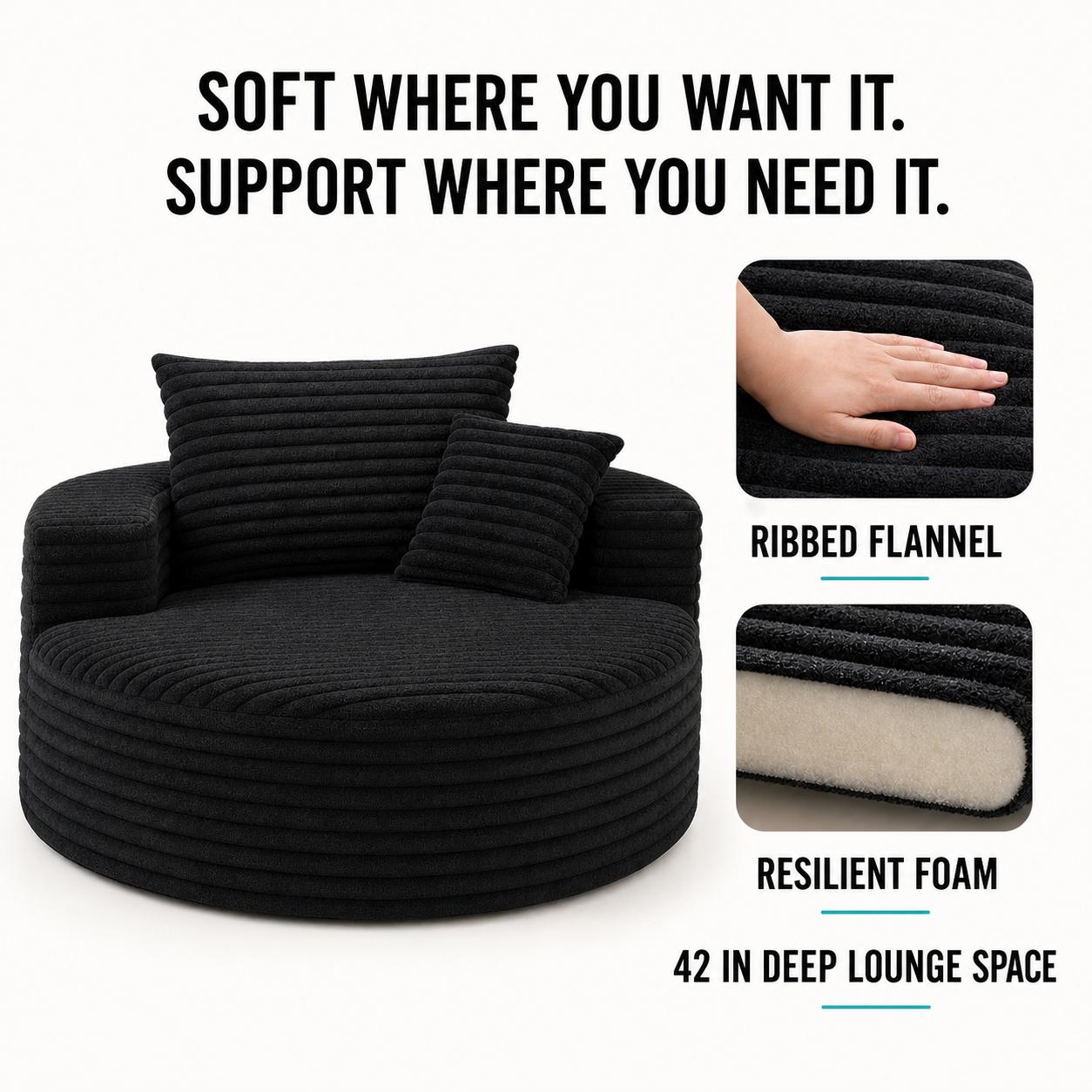 50in Round Lounge Chair Sofa, No-Assembly Compressed Cloud Floor Couch with Deep Seat, Soft corduroy, Backrest & Throw Pillows for Adults, Bedroom and Apartment