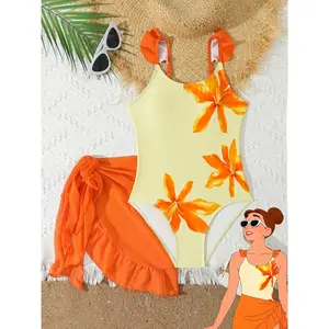 Girls' floral print one-piece swimsuit, elegant style suitable for summer vacations and beaches, orange girls' swimsuit, swimwear for teenagers, girls' ruffled swimsuit with apron, teen swimwear paired with a beach skirt