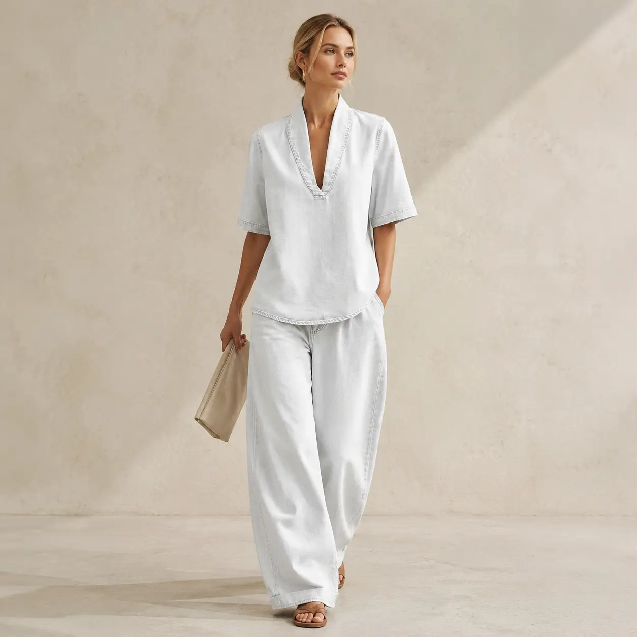 Women's 2 Piece Solid Color Pants Set, Short Sleeve V Neck Tunic Top and Loose Wide Leg Pants, Casual Summer Vacation Outfit