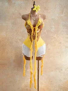 Vintage Coin Print Halter Backless Top, Lace Trim Design, Tassel, Perfect for Beach Vacation, Date Night, Party Wear