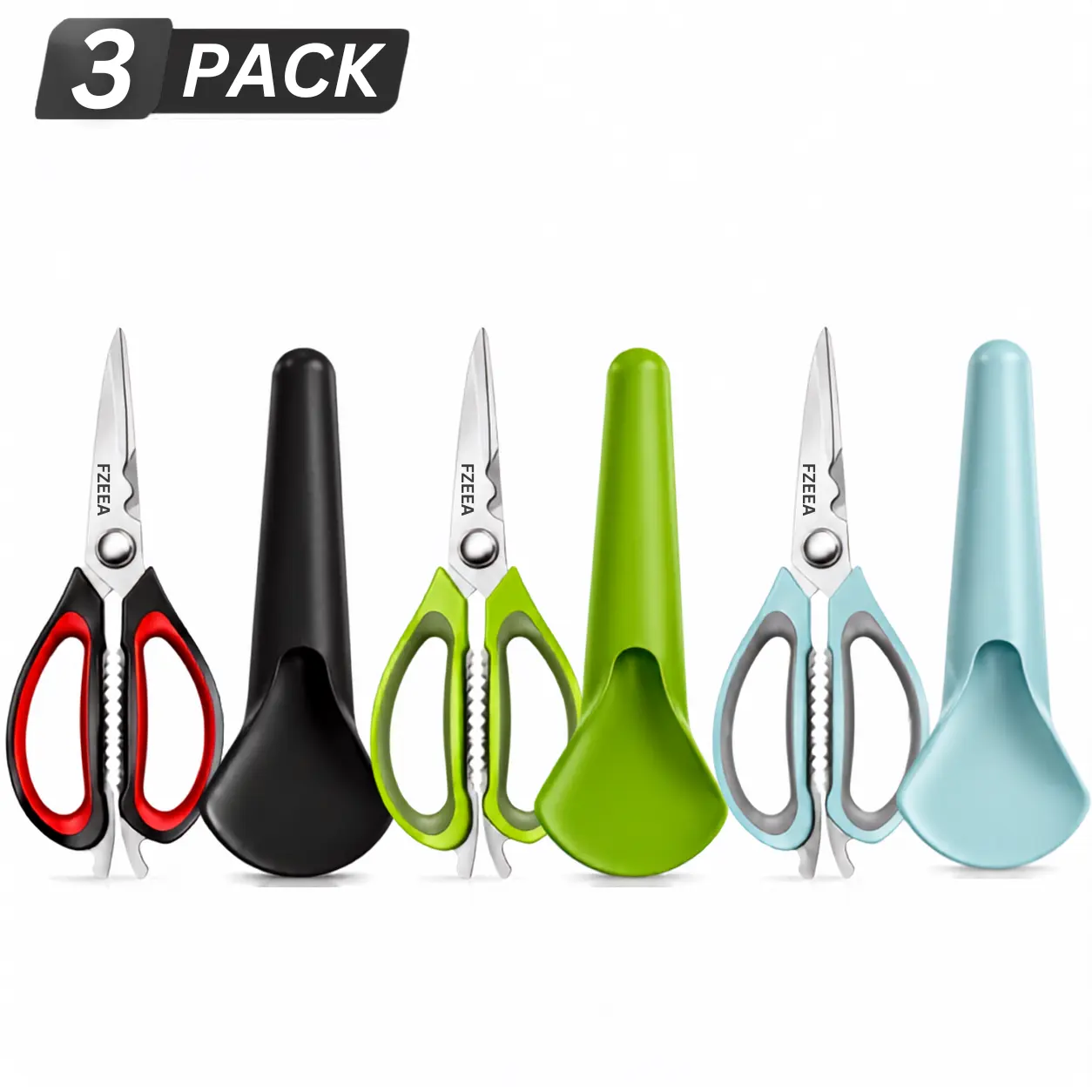 FZEEA 3 Pack Kitchen Scissors with Magnetic Covers, Stainless Steel Multipurpose Kitchen Shears for Meat, Poultry, Fish, Herbs & Vegetables