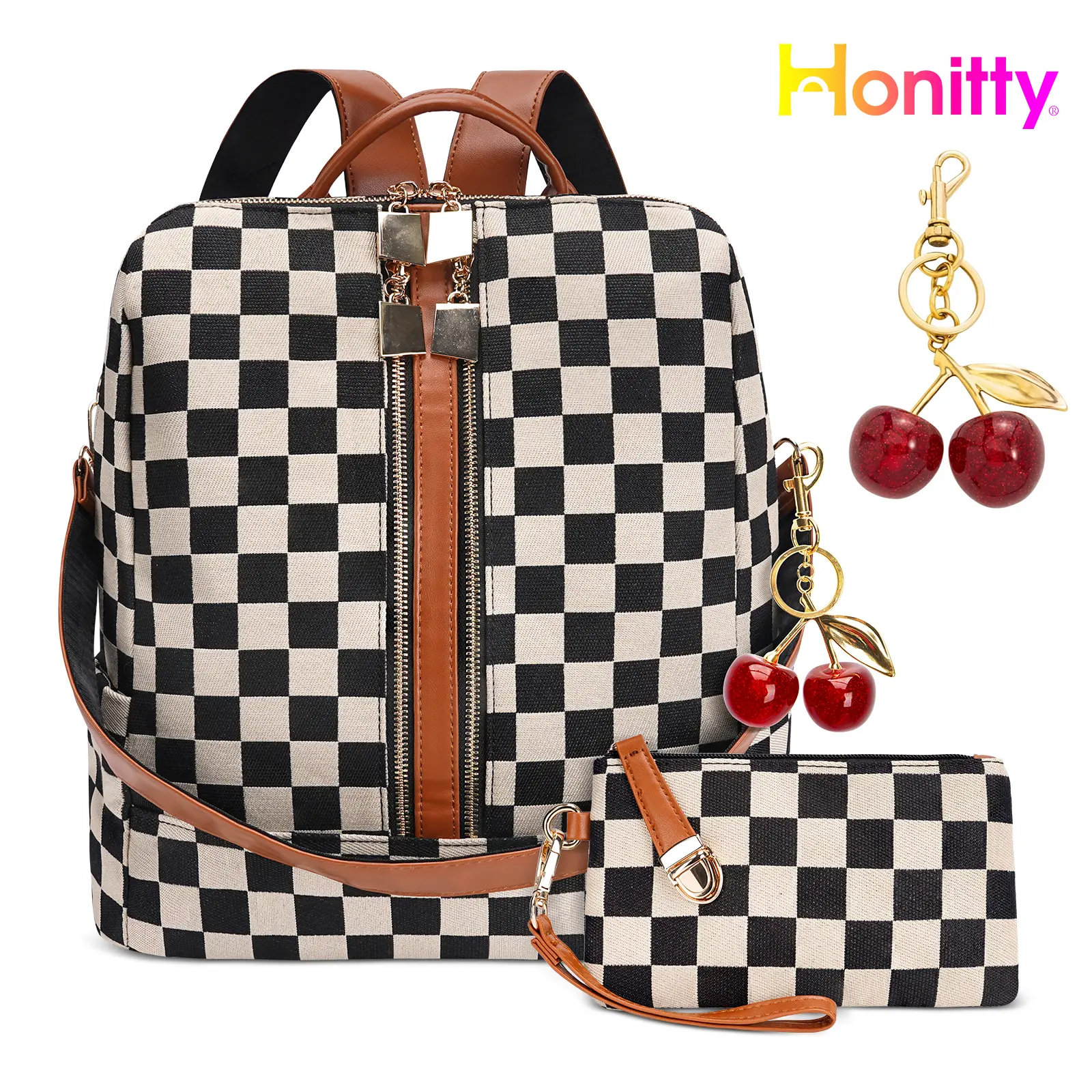 HONITTY Women’s 2-Piece Retro Chic Checker Print Backpack Set - Cherry Keychain Included, Large Capacity Travel Bag with Wristlet, Multi-Function Luggage for Daily & Travel Use, Backpacks for Women & School, Backpacks For School