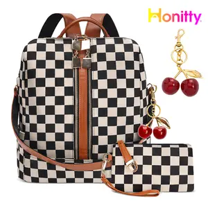 HONITTY Women’s 2-Piece Retro Chic Checker Print Backpack Set - Cherry Keychain Included, Large Capacity Travel Bag with Wristlet, Multi-Function Luggage for Daily & Travel Use, Backpacks for Women