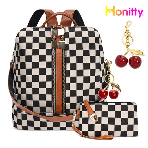 HONITTY Female Casual 2-Piece Retro Chic Checkerboard Backpack Set - Lightweight, Large Capacity, Multi-Function Bag with Wristlet, Cherry Keychain, 2026 School Essentials for College Students