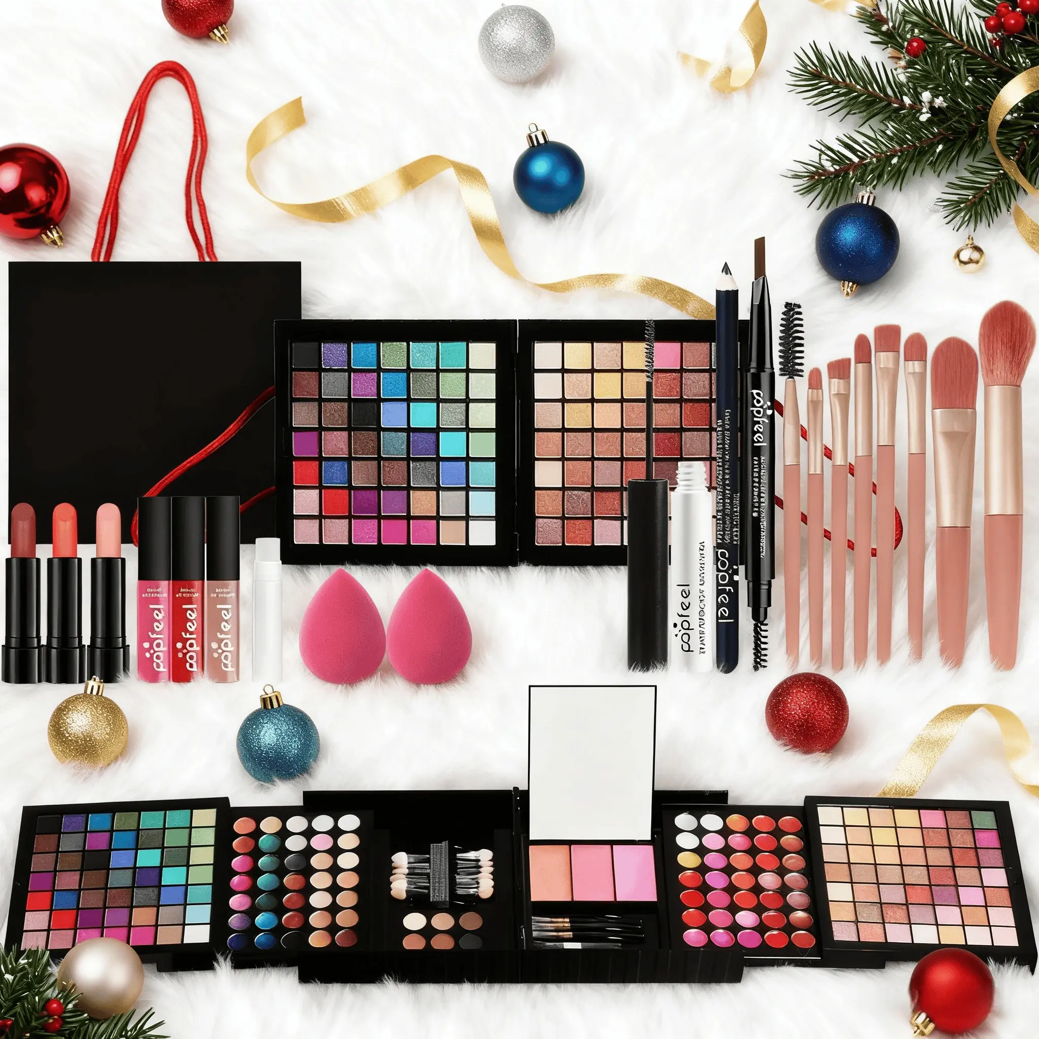 Popfeel Makeup Set, Eyeshadow + Lipstick + Blush, Waterproof Long-Lasting, Includes Brush, Beauty Sponge, Mirror, Perfect for Beginners, Makeup Palette Set