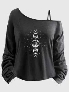 Women's Plus Size Long Sleeve Letter Print Top, Loose-Fitting Asymmetrical Neckline, Short Sleeveless Design, All Seasons Wear