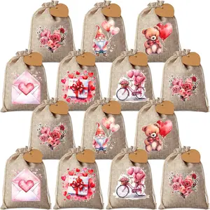 36 Pcs Mother's Day Burlap Gift Bags with Tags for Mom, 5x7 Inch Drawstring Treat Floral & Heart Small Gift Bags for Mother's Day Favors, Candy, Jewelry Packaging