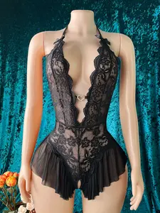 Lace Trim Teddy Bear Onesie for Women, Sexy Lace Lingerie Suit, Perfect for Special Parties & Daily Sleepwear, Romantic Night Choice