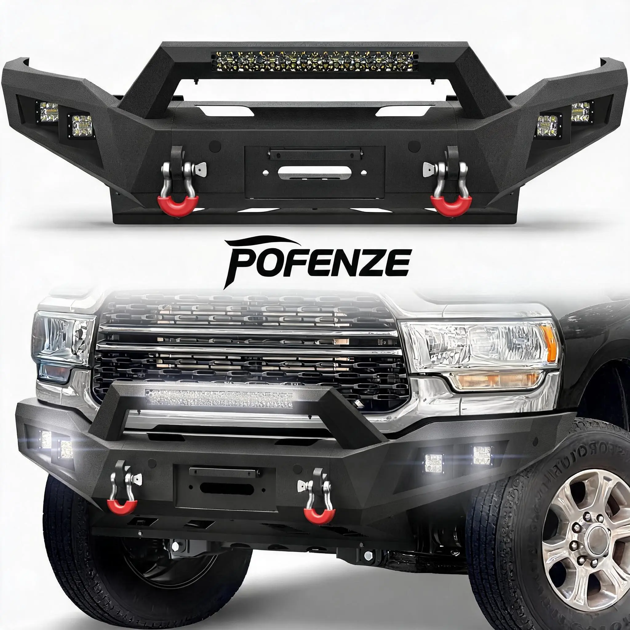 POFENZE-NADIA Series Full Width Front Steel Bumper for 2019-2025 Ram 2500/3500 Pickup, Includes Winch Plate, LED Lights, D-rings, License Plate Bracket