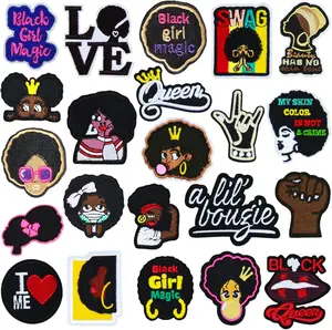 22 count Black Girl Iron on Patches Afro Girl Sew on Embroidered Applique Repair Patch for Clothing Backpacks Jeans Jackets Bag