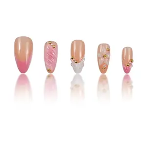 24pcs Set Elegant Gradient Pink White Almond Shaped Nail Stickers 3D Floral Pearl Decor Gel Polish Nail File for Girls Women Daily Party Autumn Nails
