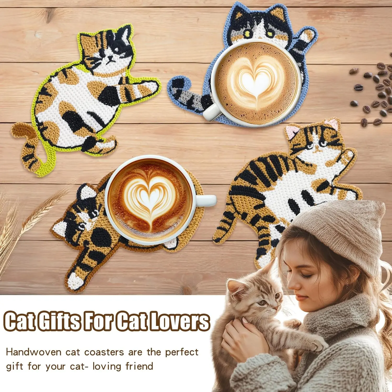 Cute Cat Knitted Fabric Coasters - Geometric Effects, Durable, Heatproof, Non-Slip, Enlarged Irregular Woven, Easy-to-Clean Insulation Table Pads for Tea Use, Anime & Classic Housewarming Gift for Cat Lovers