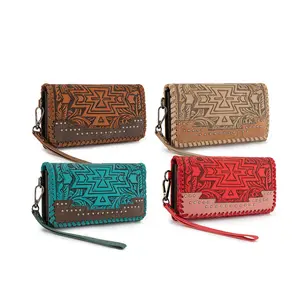Montana West Western Wallet for Women with Embossed Aztec Design and Studded Accents Brown Leather Clutch