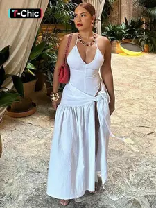 Women's Solid Backless Sleeveless Cami Bodysuit & Split Thigh Skirt Two-piece Set, Sexy Fashion Casual Halter Neck Bodysuit & Tie Front Pleated Skirt for Daily Outdoor Wear, Ladies Clothes for All Seasons Summer Suits