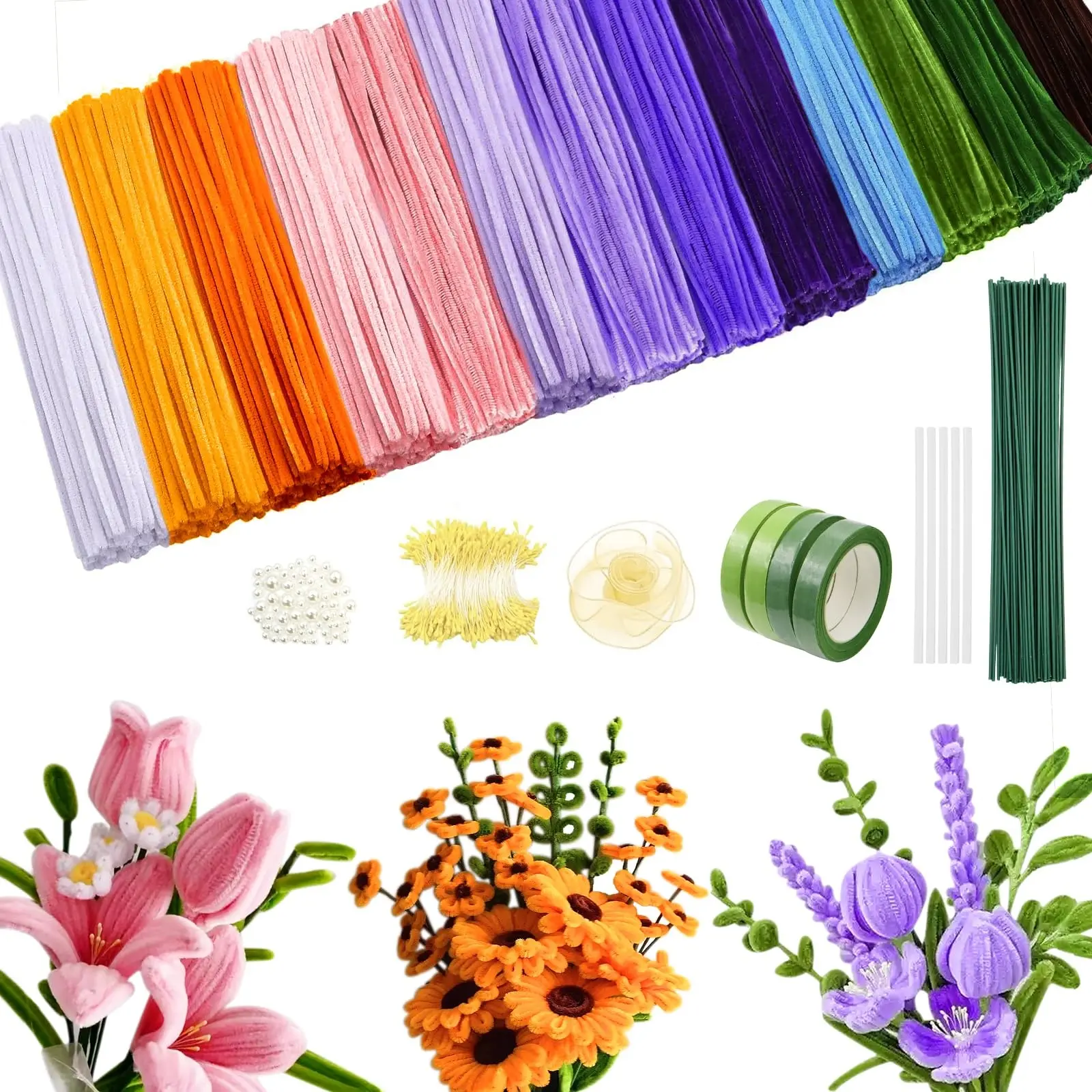 800-Piece Pipe Cleaners Craft Tool Kit, 13-Color Chenille Stems with Flower-Making Handle & Step-by-Step Instructions, DIY Art Supplies for Kids Handmade Projects