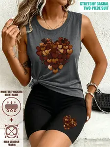 Women's 2-Piece Casual Tank Top & Shorts Set, Gradient Brown Heart Cluster Print, Multiple Colors Available, Machine Washable, Spring & Summer Style, Soft Skin-Friendly Fabric, Daily Versatile, Fashion Design