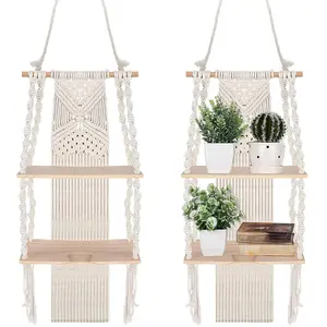 2 Pack Wall Shelf 2 Tier Boho Wall Shelf Floating Woven Rope Decorative Racks Holder Organizer for Home Bedroom Plants, Beige (Classic)