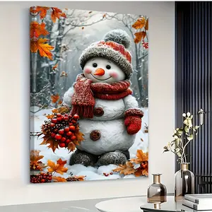 2D canvas art, a beautiful 2D canvas artwork titled "Snowman Embrace," made with oil paints, suitable for use as a poster or wall decoration, ideal for living room decor, comes with a sturdy frame