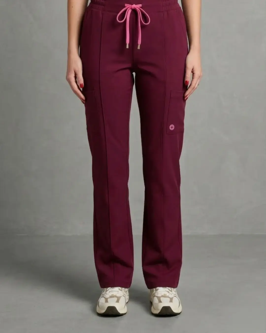 Women's Burgundy Straight Leg Pants - Adjustable Polyester Spandex with Drawstring Waist and Pockets