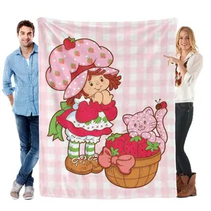 Cartoon Strawberry Girl Pink Checkered Flannel Blanket,Sweet Vintage Strawberry Themed Cozy Plush Blanket,Perfect Birthday Gift For Retro Fans, Strawberry Lovers & 90s Nostalgia Enthusiasts