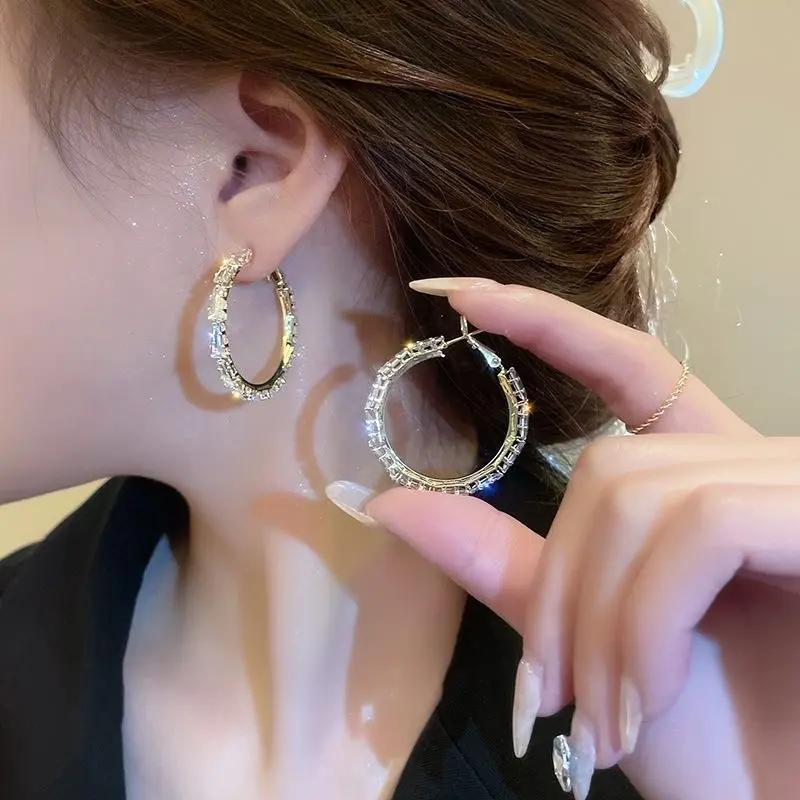 Oversized 35mm Inside Out Fully Encrusted Baguette Cubic Zirconia Double Stone Hoop Earrings - Hypoallergenic, 4mm Frame Width, Click Closure, Nightclub Costume Jewelry