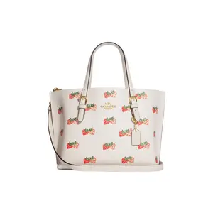 Coach Mollie Strawberry Print Top-Zip Tote Bag for Women, Dual-Sided Leather, White and Pink
