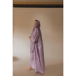 Puffed Allure Abaya 3pc Set - Sapphire Blue, Satin Inner Dress, Chiffon Hijab, Crinkle Tissue Organza, All Seasons