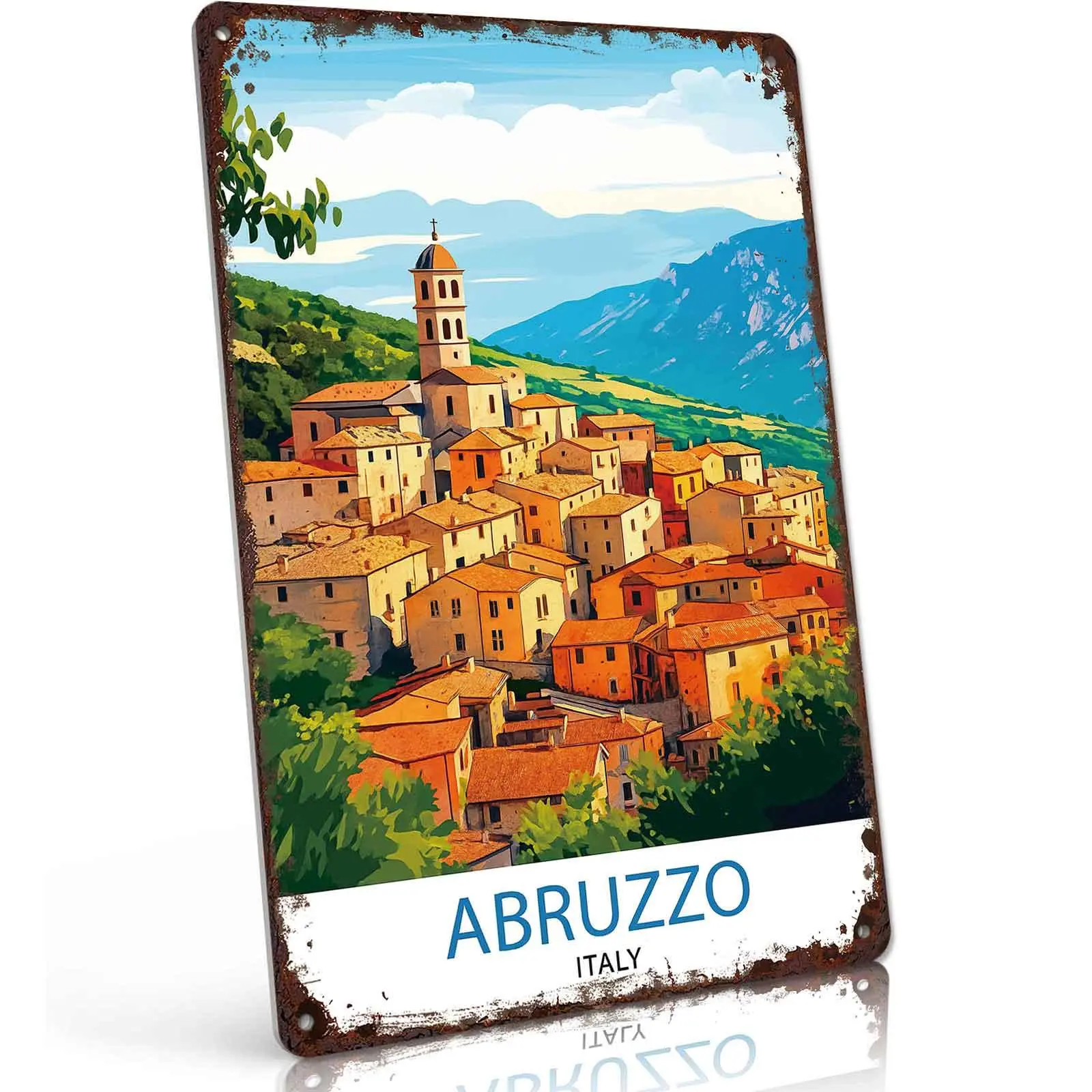 ABRUZZO Italy Vintage Metal Tin Sign 8x12 Inch Retro Mountain Town Landscape Wall Decor for Home Bar Garage Cafe Travel Themed Gift for Art Lovers