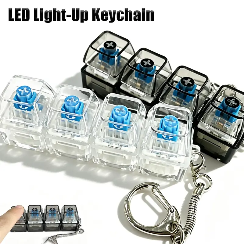 2 Pcs LED Light-Up Keychain 2026 New Fidget Keyboard Keychain Portable Keycap Fidget for Office Desk Transparent and Black