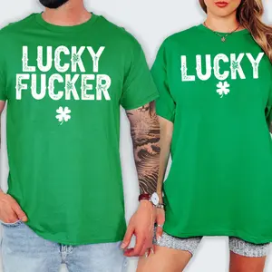 [100% Cotton] Lucky F*cker T-Shirt Matching St Patricks Day Couple Tshirt Vintage Shamrock Graphic Tee, Funny Irish Humor Lucky Shirt for Boyfriend Girlfriend, His and Hers Short Sleeve Shirt, St Paddy Party Outfit, Cute Holiday Gift for Husband Wife