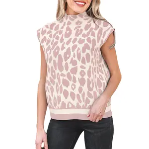 Leopard Print High Neck Regular & Plus Size Short Sleeve Sweater