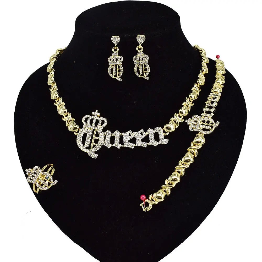 Women's Gold-Plated Elegant Jewelry Set - 2-Piece Hugs & Kisses XO Queen Bridal Necklace and Drop Earrings, Hugs & Kisses Xo Queen Set, Accessories, Classic