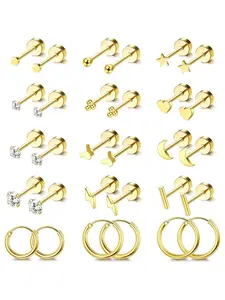 Trendy 15 Pairs Hypoallergenic Flat Back Earrings Gold Earrings for Women Surgical Steel 14K Gold Plated Stud Hoop Earring Set Heart Shaped Earrings Helix Tragus Sleeper Cartilage Earring Stacking Set for Women Girls