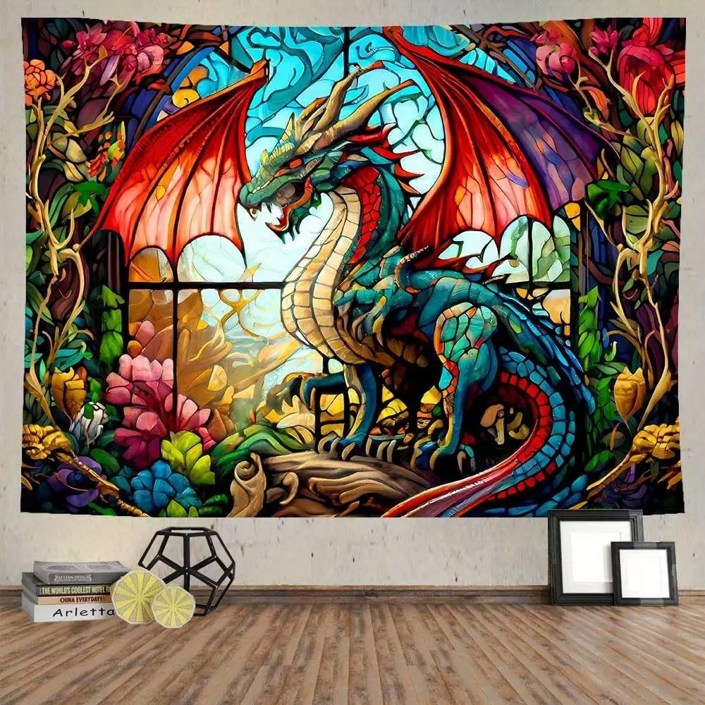Ine Ive Fantasy Dragon Tapestry Colored Glass Window Tapestry Forest Plants Flowers Medieval Animal Dragon Tapestry Bedroom Dorm Home Decoration