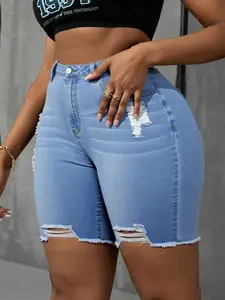 【Plus Size】 High Waist Ripped Denim Shorts, Casual Pocket Design Shorts for Daily Wear, Women's Bottoms for Summer