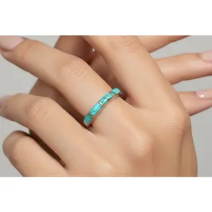 Native American Handmade Turquoise Mosaic Inlay Statement Ring Size 5.5 - Southwestern Sterling Silver Turquoise Inlay Band, Size 5 1/2
