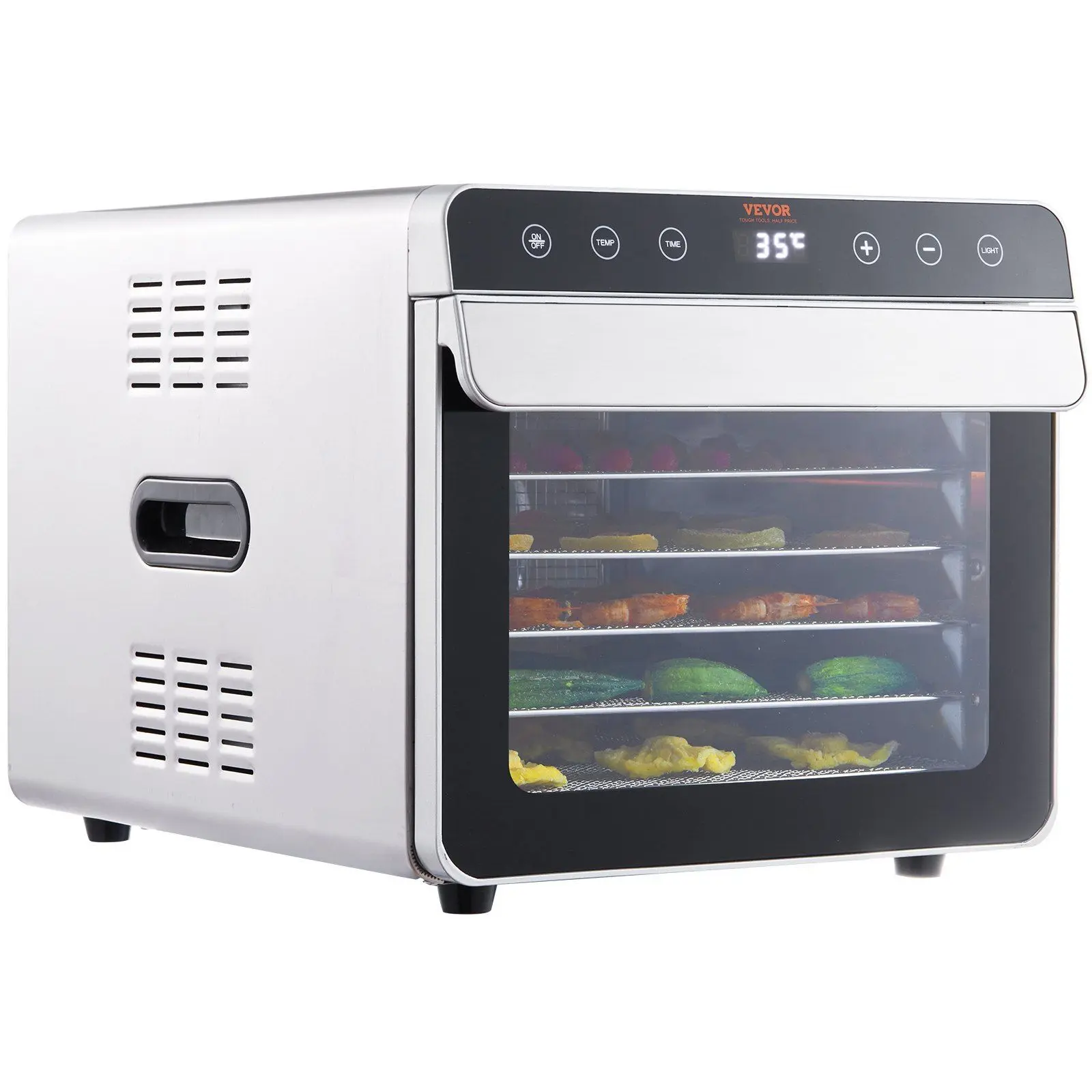VEVOR Electric Food Dehydrator Machine - 6 Stainless Steel Trays, 700W, Digital Display w/ Adjustable Timer & Temperature, 360° Continuous Airflow, ETL Listed for DIY Snacks, Jerky, Dog Treats (w/ LED Light, Recipe Book), 11.8 X 11 In, 6 Trays