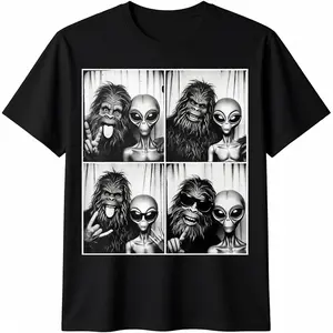Vintage Graphic Tees Funny Photobooth Photo Sasquatch UFO Bigfoot And Alien T-Shirt