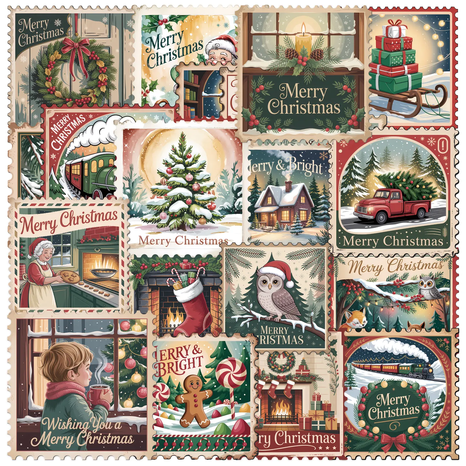 100Pcs Vintage Christmas Stamp Stickers, Retro Aesthetic Holiday Postage Decals for Journaling Scrapbooking, Cute Xmas Envelope Seal Sticker Pack #christmasstickers #vintagestickers