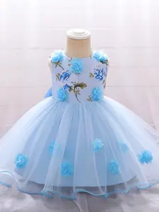 0-12M Light Blue Anniversary Kids Clothes Bow Mesh Flower Girls Frock Ball Gown Pageant Children Elegant Princess Prom Host Formal Evening Party Banquet Cocktail Dress Toddler Pageant Dresses
