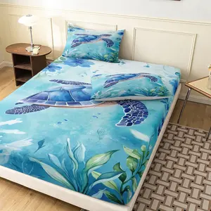 3pcs Set Blue Watercolor Sea Turtle Fitted Sheet, Elegant Underwater Pattern Bedding Ideal For Premium Bedroom Family Decor And Household Arrangement (1 Fitted Sheet + 2 Pillowcases No Comforter No Pillow)