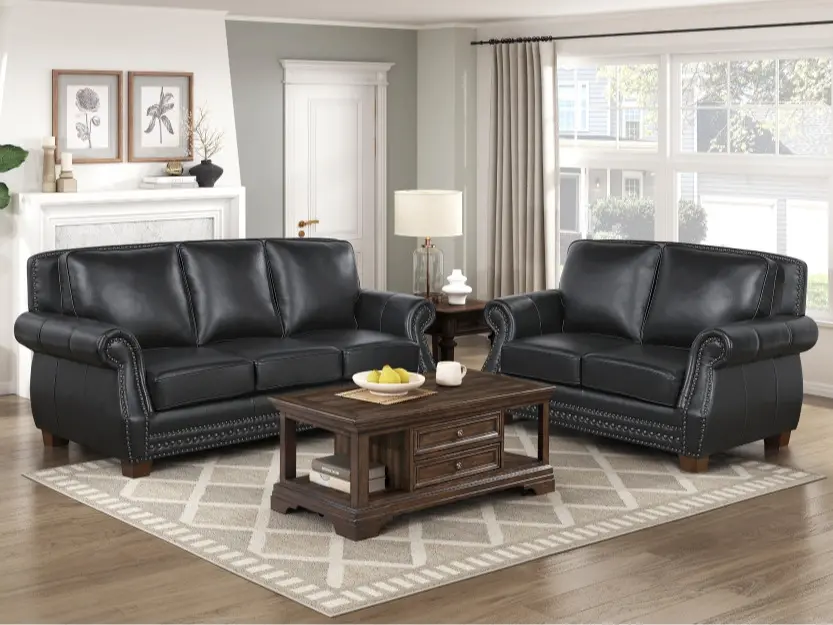Homelegance Remington 2-Piece Black Top Grain Leather Match Sofa & Loveseat Set, High Quality Luxury Nail Heads Trim Black Leather Sofa Sets, 8448BLK-2PC, Assembly Required, Loveseat 64.5"X40"X38"