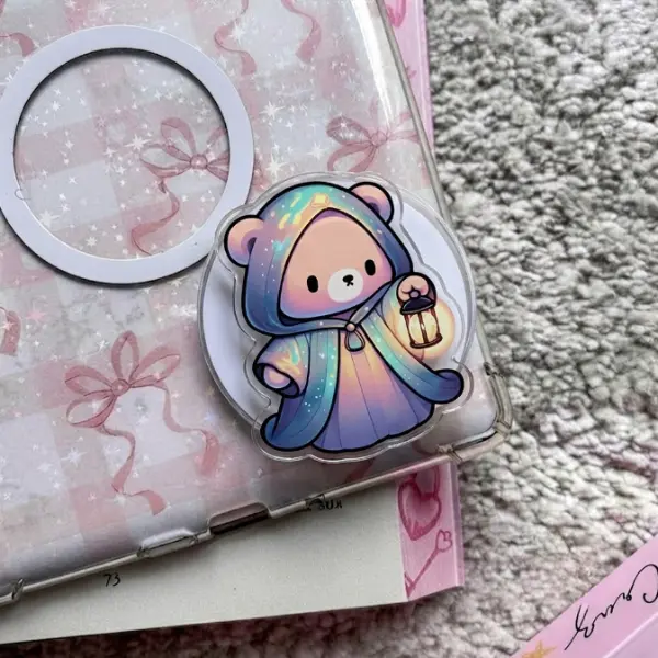 Goober Kitty Phone Grip, Cute Hooded Bear Holding Lantern MagSafe PopSocket, Magical Pastel Galaxy Bear Phone Socket, Gift for Her