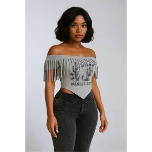 Wanderlust Fringe Off Shoulder Graphic Top