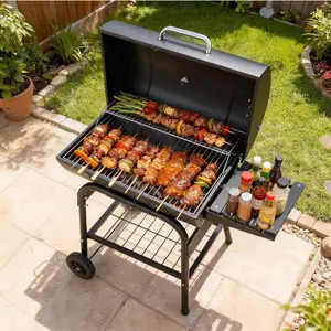 【Summervibes】Charcoal BBQ Grill with Side Shelf, Large Cooking Surface, Portable BBQ Grill with Temperature Gauge, Outdoor Barrel BBQ Grill Kit with 2 wheels for Patio Porch Picnic
