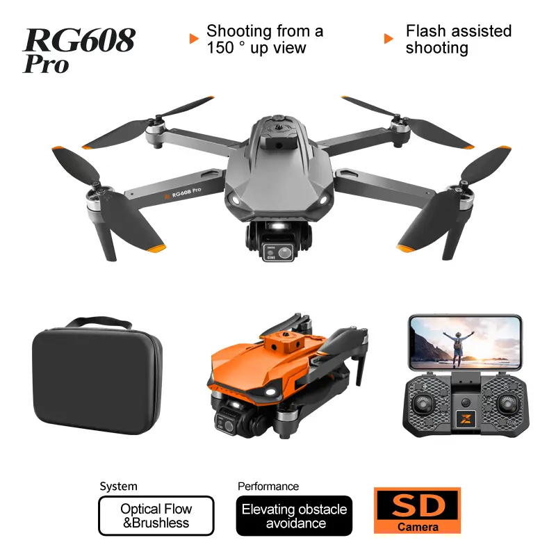 RG608 Pro Professional Aerial Drone 150 ° Electric Adjustable Lens Lift Four way Intelligent Obstacle Avoidance Brushless Motor Night Vision Shooting HD Real time Image Transmission Folding Portable Adult Remote Control Aircraft Aerial Camera