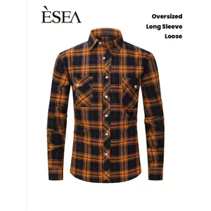 Fashion men's wear�� [Oversized Plaid Flannel] Long Sleeve Plaid Flannel Shirt | Men's Oversized Casual Jacket with Double Pockets, Black & Orange Geometric Pattern, Loose Fit for Spring/Fall