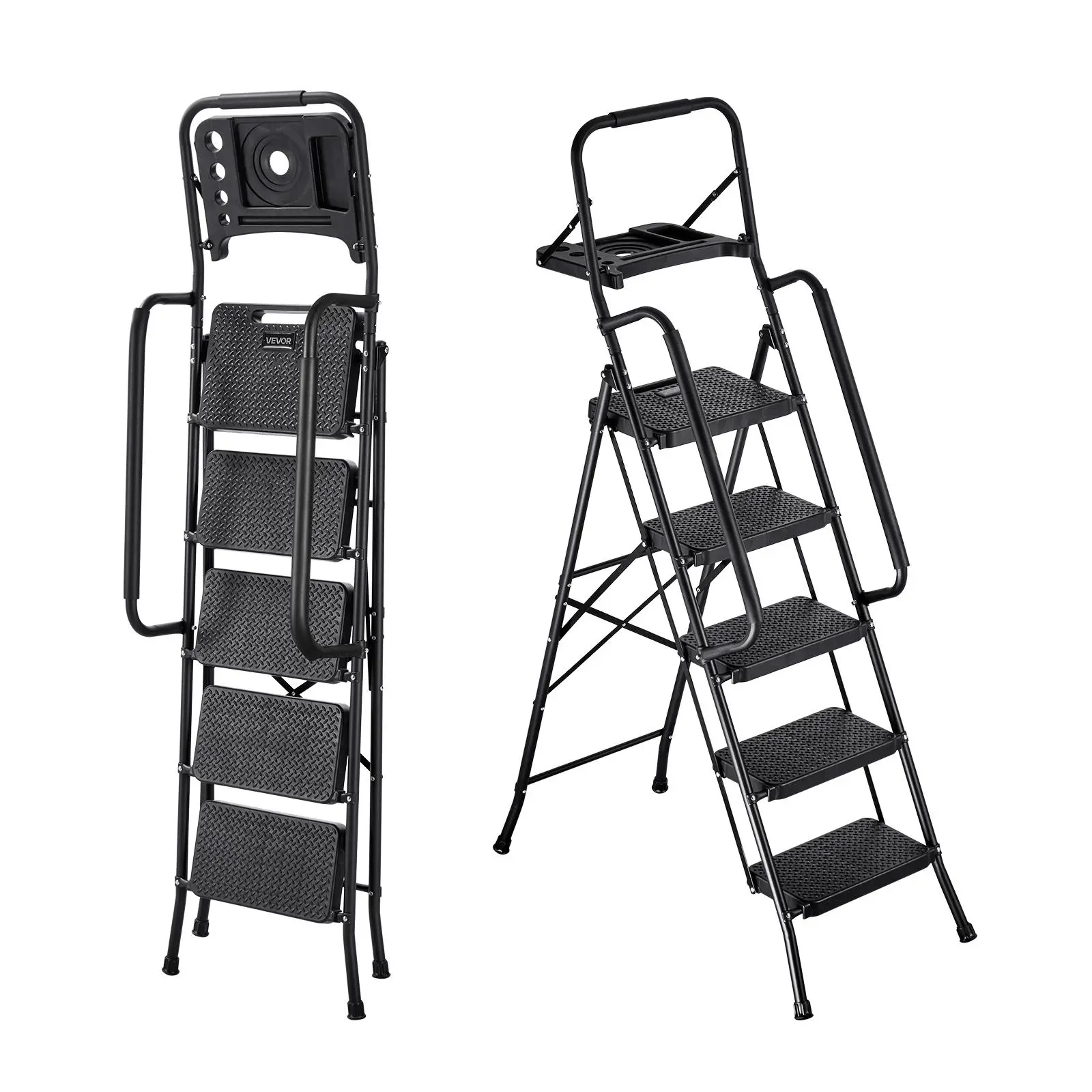 【SummerFinds】VEVOR 5 Step Ladder, Folding Step Stool with Wide Anti-Slip Pedal, Tool Tray, Dual Side Handrails, 600 lbs Capacity Portable Steel Ladder, Multi-Use for Kitchen, Home, Household and Office, Black