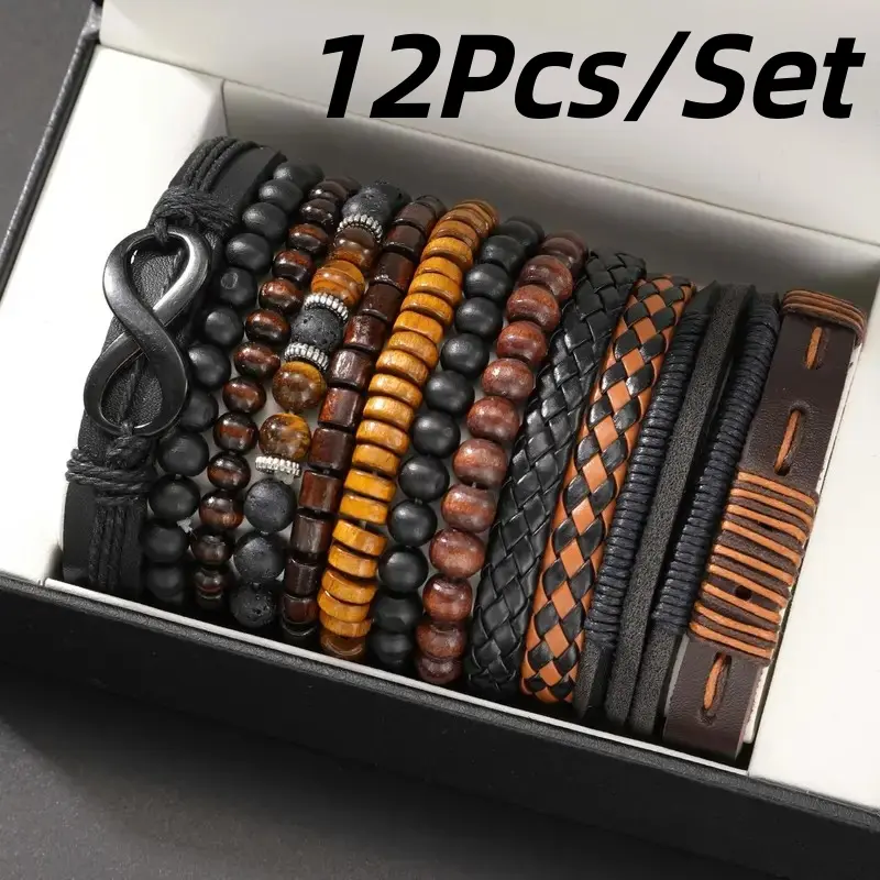 12Pcs/Set Vintage Men's Artificial Leather Beads Bracelets - Bohemian Ethnic Tiger Eye & Moonstone Beads, Braided Synthetic Fiber Cord Stackable Costume Jewelry for Casual, Party Wear